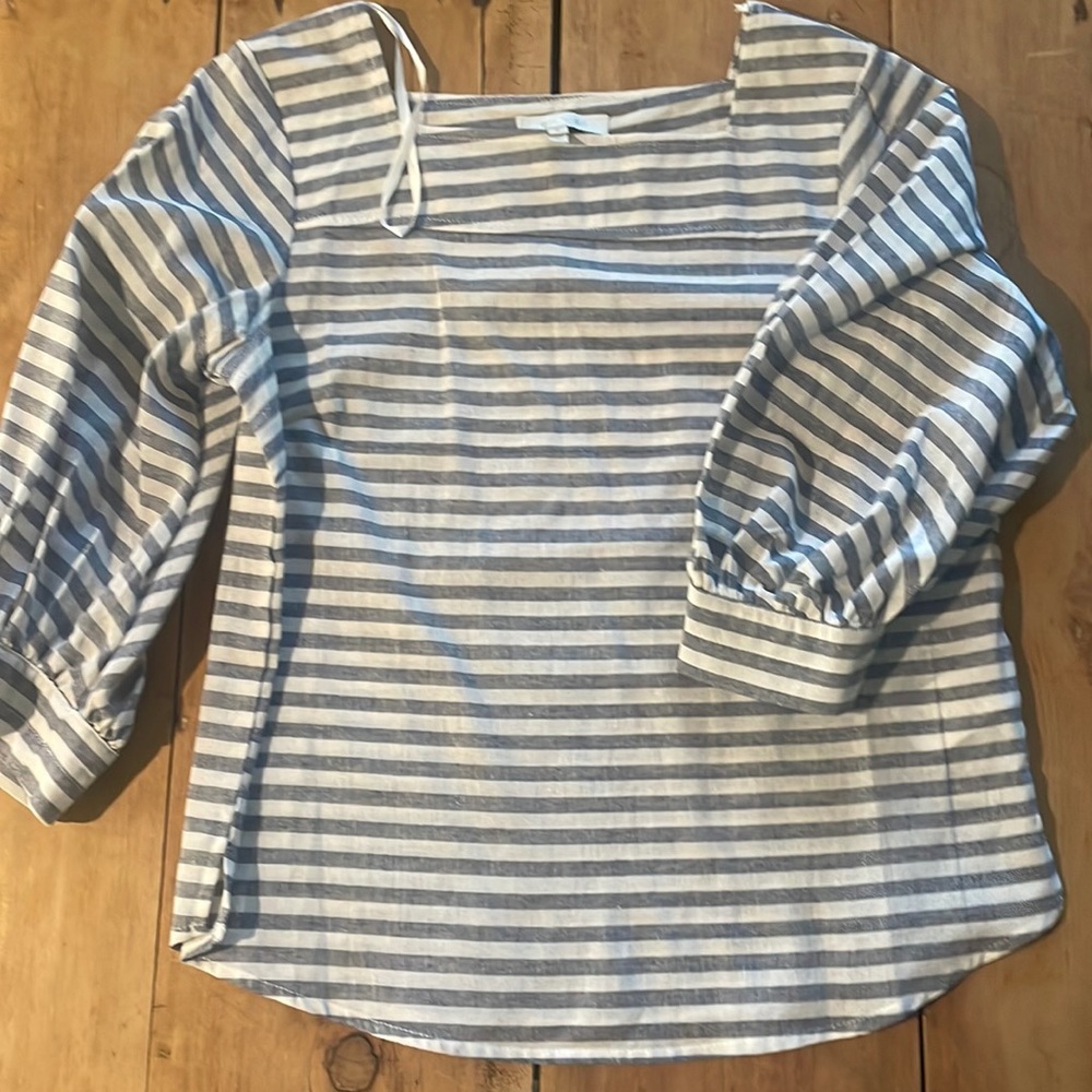 Linen type blue and cream striped square neck shirt